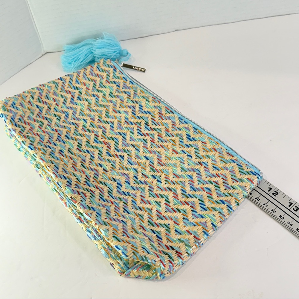 🆕 Lancome Luxe Woven Clutch – Aqua Tassel Zip Bag – Colorful Straw Weave 🆕 - Picture 9 of 16